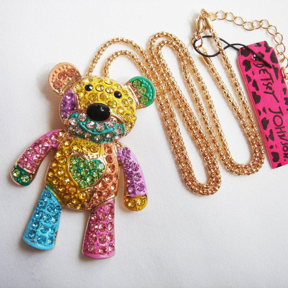 NWT MULTICOLORED RHINESTONES BEAR NECKLACE BROOCH